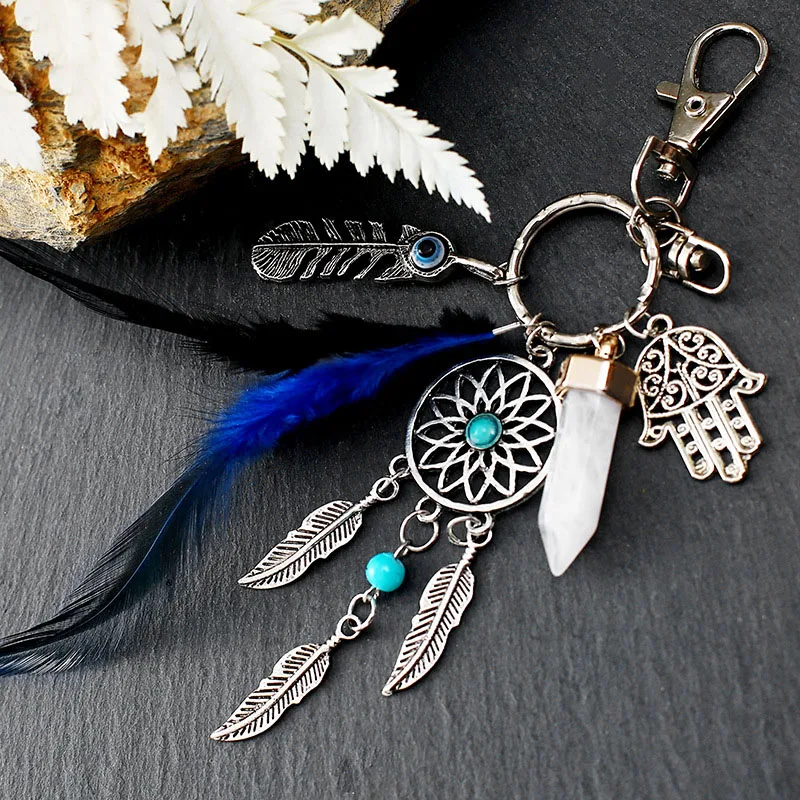 

3 Colors Mini Dreamcatcher With Feather & Fatima's hand & Nutural Stone Alloy Dream Catcher Decor Keychian Ornament Amor00136