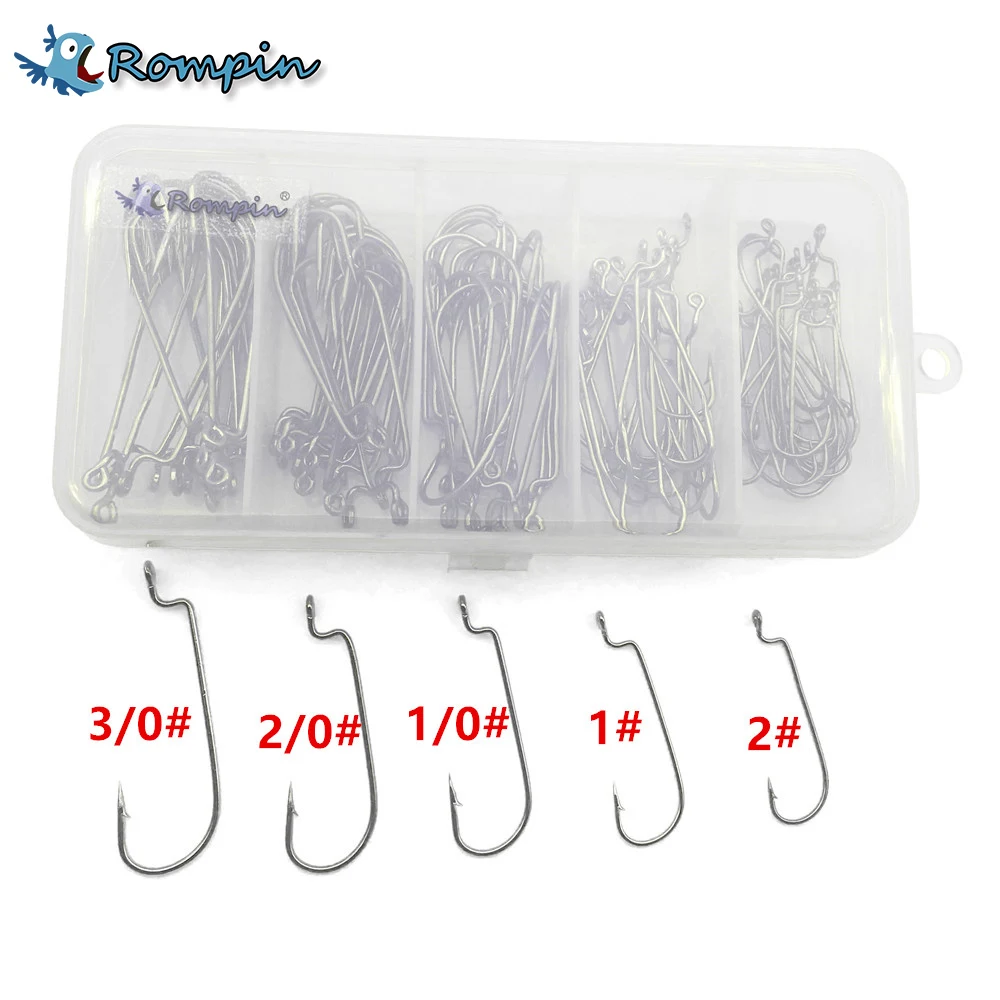 Rompin 100pcsbox 2#-30# 5 size Jig head HookSingle Fishing Hooks for Rubber Jig, Bass Jig with Fishing Tackle Box