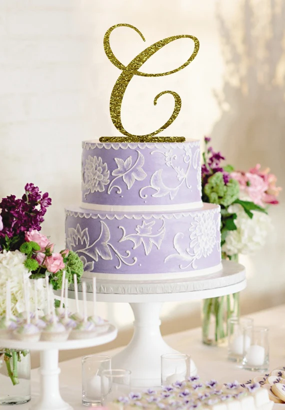 Personalized Letter Cake Topper, Monogram Acrylic Glitter Gold Cake