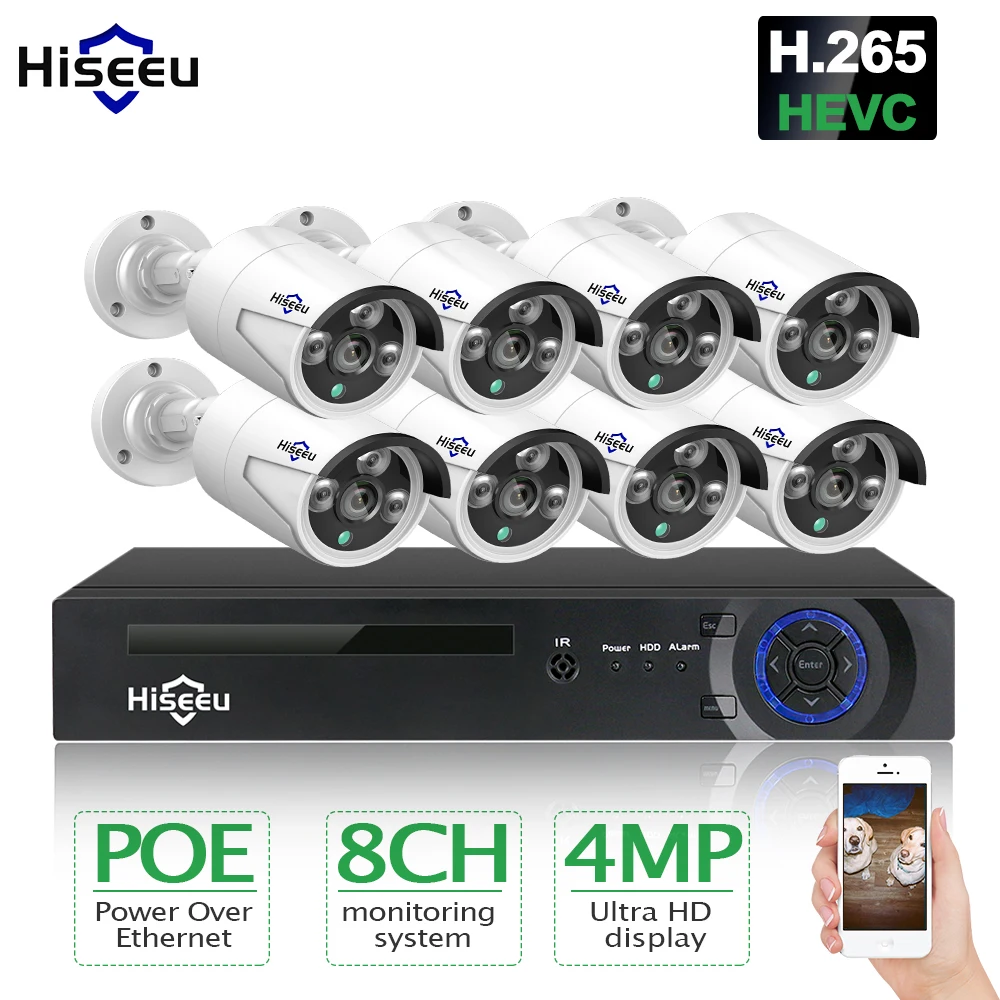 Hiseeu HD 8CH 4MP POE security camera System Kit H.265 POE IP Camera