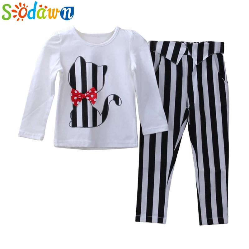 Осенняя одежда для маленьких девочек футболка с длинными рукавами и рисунком кота+ полосатые леггинсы комплект детской одежды из 2 предметов, Детский Повседневный Комплект для девочек