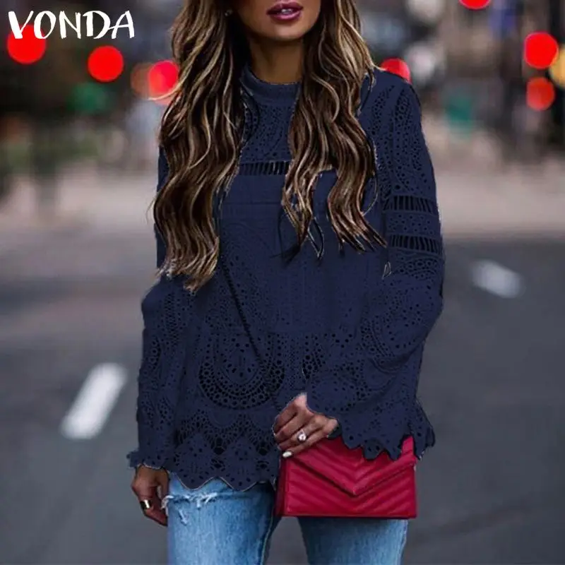 VONDA Women Sexy Hollow Top Blouse 2019 Casual Long Sleeve Irregular Hem Patry Blusas Beach Tops Ladies Shirt Plus Size Clothes