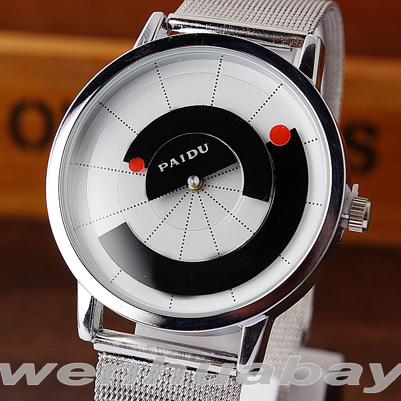 Paidu Unique Arc pointer Black/White Quartz Stainless Mesh Band