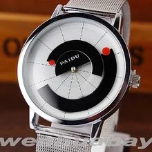 Paidu Unique Arc pointeur Noir/Blanc Quartz Inoxydable Maille Bande Montre-Bracelet Des Hommes Garçon Platine Cadran Numérique Cadeau Montres