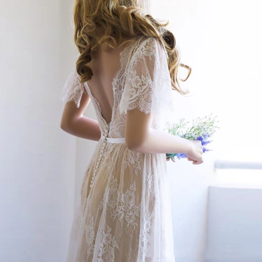 Eightree Boho Свадебное платье цвета шампанского с v-образным вырезом кружевное романтичное свадебное платье Vestido de noiva Свадебные платья без спинки пляжные