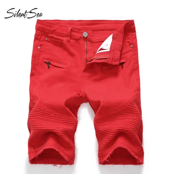 

Silentsea Summer New Streetwear Men Ripped Jeans Short Clothing Retro Fold Casual Straight Denim Shorts Male Big Size 28-42 Red