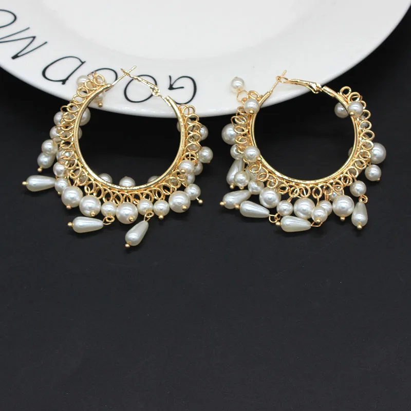 Pearl tassel earrings Han chao stylish pearl tassel earrings exaggerated pendant ring earrings 905