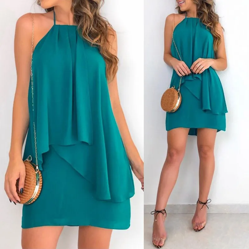 

2019 Sexy Open Back Ruffles Summer Dress Women Strapless Halter Sleeveless Dresses Casual Solid Irregular Dress Ladies Vestidos