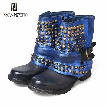 

Prova Perfetto Super Cool Punk Style Mixed Color Rivet Neutral Martin Boot Real Leather Zipper-side Comfort Low Heel Ankle Boots