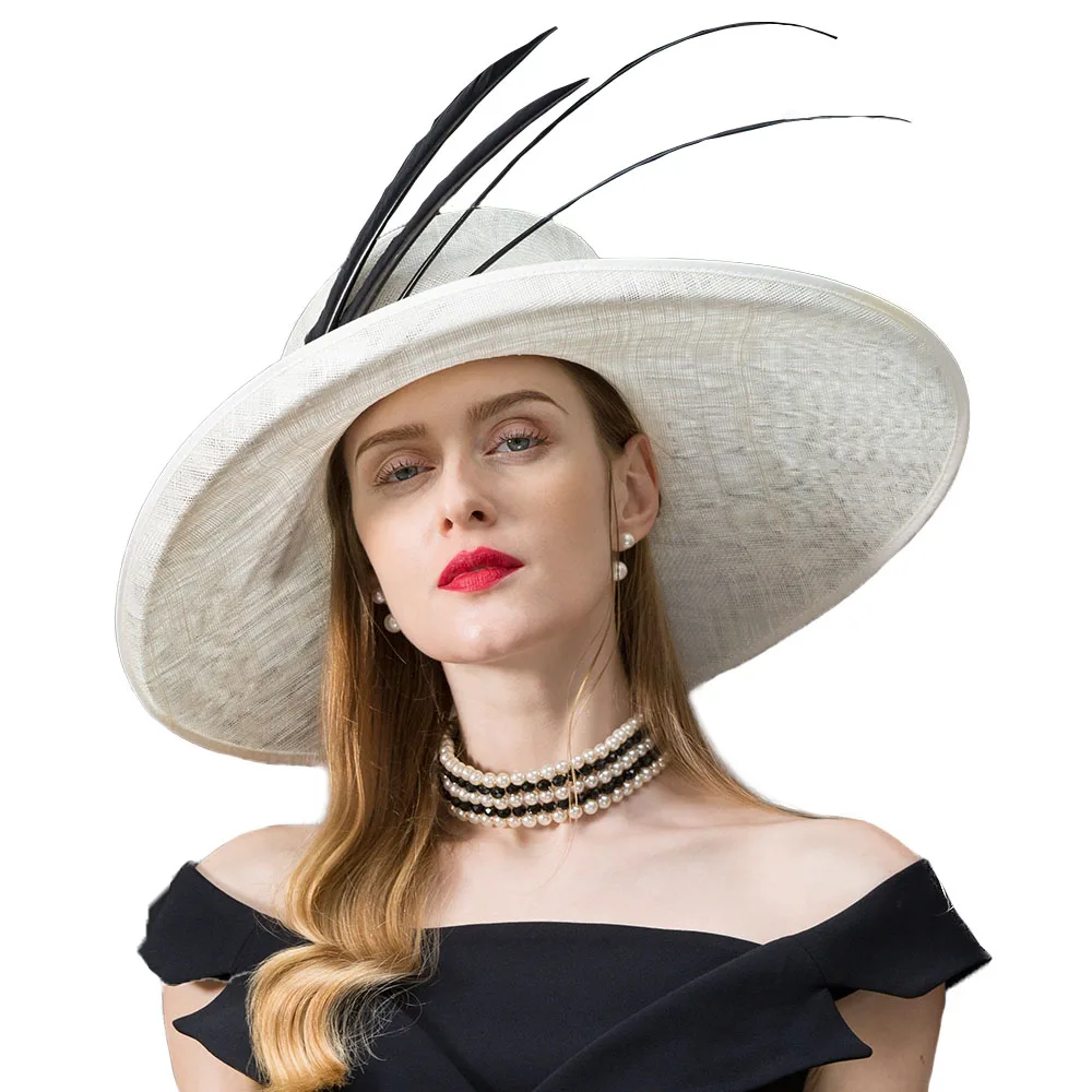 FS Sinamay белая Кентукки шляпа котелок для элегантных женщин с большими полями льняная шляпа с природой черное перо благородные Стразы - Цвет: Белый