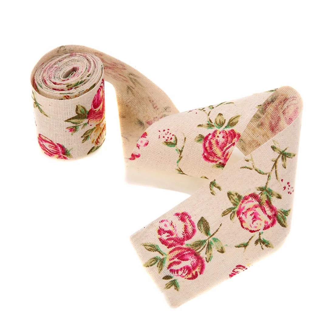 1pc 3M Vintage Rose Floral Print Burlap Hessian Ribbon Fabric Wedding Craft Decors DIY Candy Jars Table Napkin