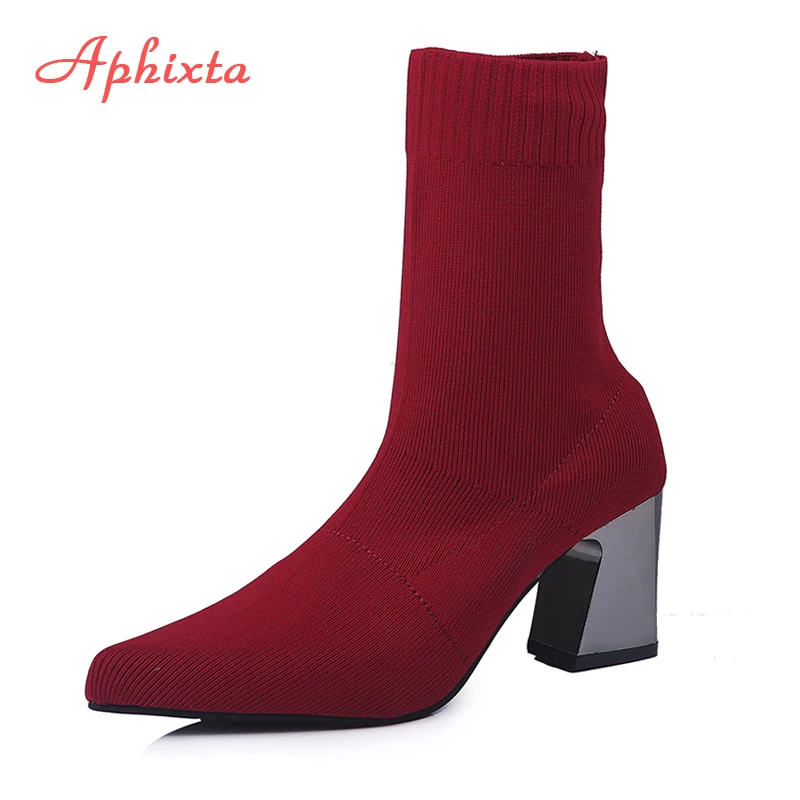 

Aphixta Sock Boots Women Shoes Elastic Boots Cloth Mid-Calf Stretch Knit Bootie Socks Square Heel Ladies Shoes Plus Size 43