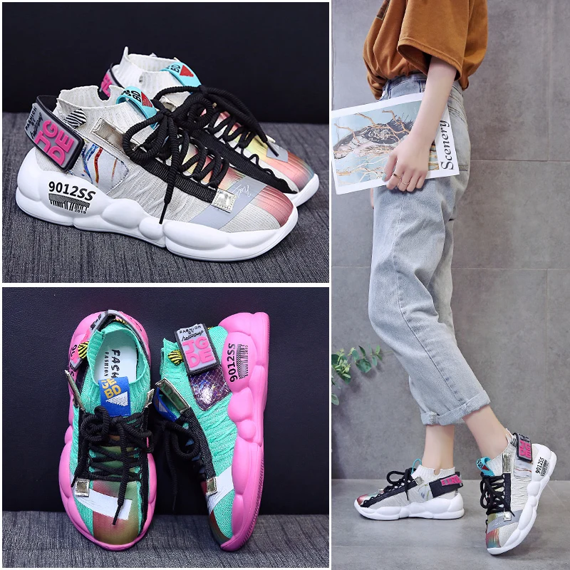 

2019 Spring/Summer New Women Chunky Sneakers Harajuku Dad Shoes Casual Platform Sneakers Breathable Mesh Bling Sneakers