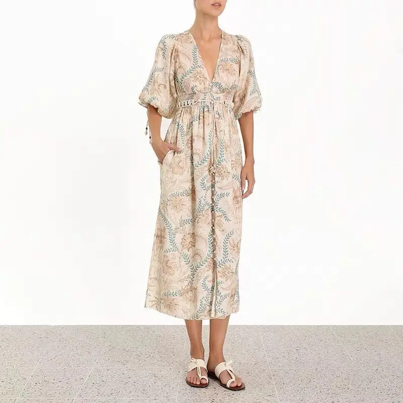 

2019 ZIMM Brand New Elegant Maxi Long Dress Womens Sexy V Neck Short Sleeve Puff Sleeve Vacation Boho Dress with Shell Belt