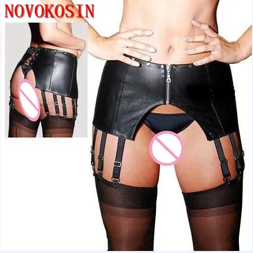 

KH14 Good Soft Faux leather Front Zipper Women Underwear Lady Night Club Back Lace Up Dance Sexy Panties Garter with G String