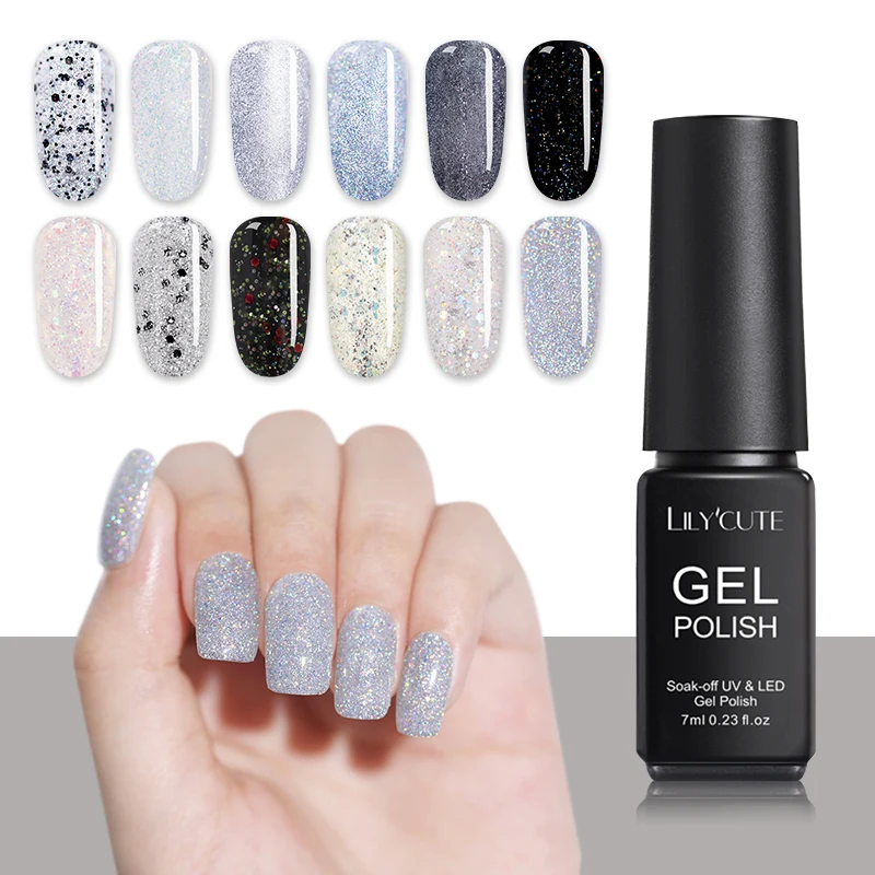 

LILYCUTE 7ml Holographic Glitter Sequins Gel Polish Long Lasting Soak Off UV LED Nail Gel Colorful Nail Gel Varnish Manicure