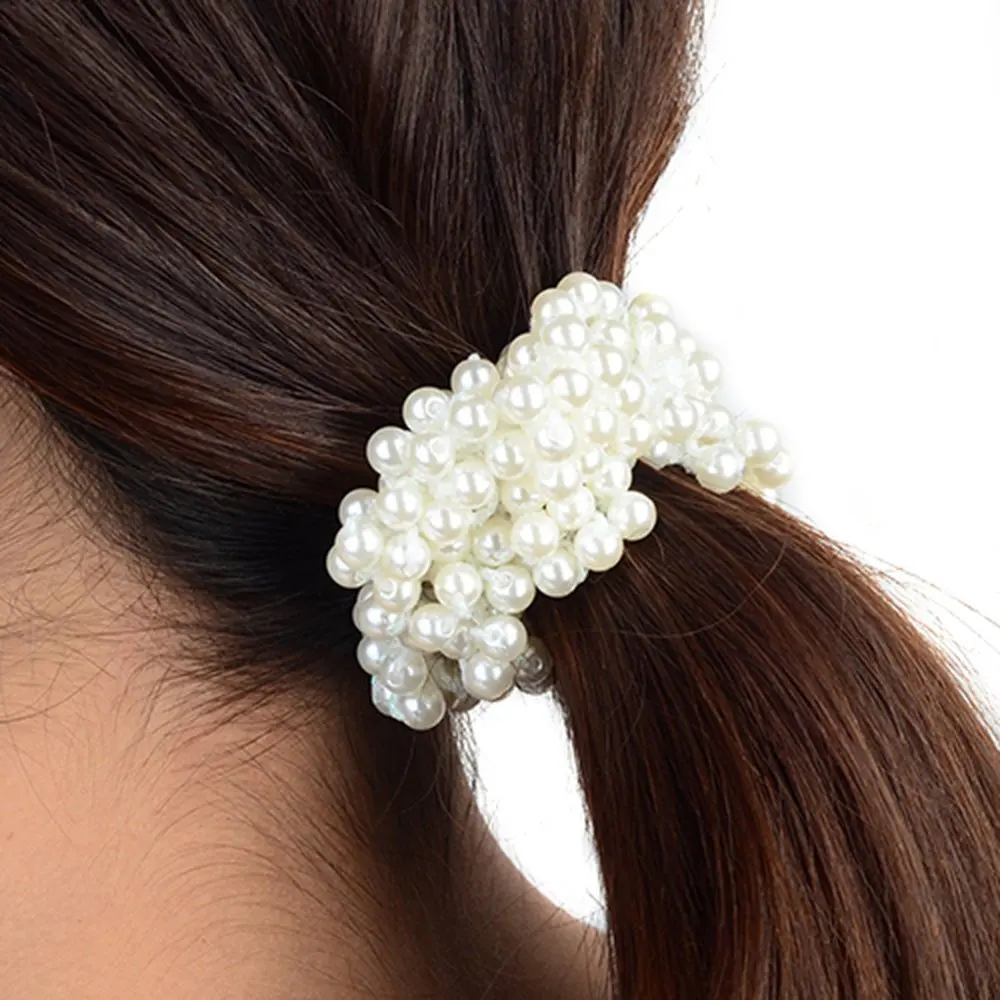 

YOST Women Pearls Beads Hair Band Rope Scrunchie Ponytail Holder (White)