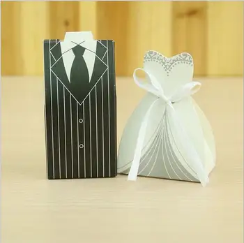 

100pcs Bridal Gift Cases Groom Tuxedo Dress Gown Ribbon Elegant Candy Box For Wedding Sweet Bag