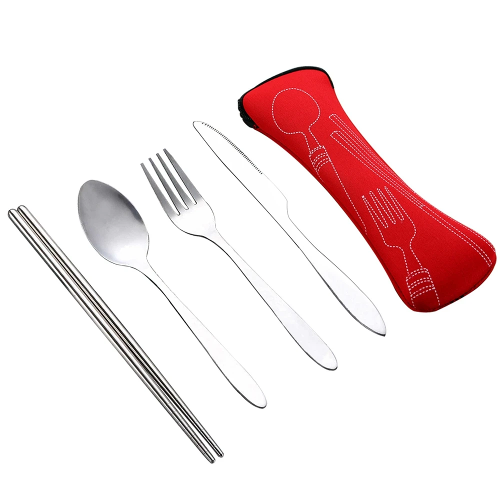 

2/4Pcs Chopstick Spoon Fork Stainless Steel Zipped Bag Cutlery Set Travel Picnic Tableware Supplies kitchen tools