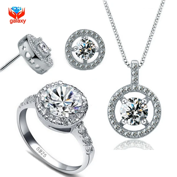 

YHAMNI Brand 100% 925 Sterling Silver Ring Necklace Earrings Set Hearts and Arrows Round CZ Diamant Jewelry Sets For Women YS038