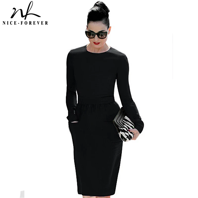 

Nice-forever Formal High Waistline Pencil dress Women Elegant Solid Vintage Patch Pocket Sheath long Sleeve Midi Work Dress 456