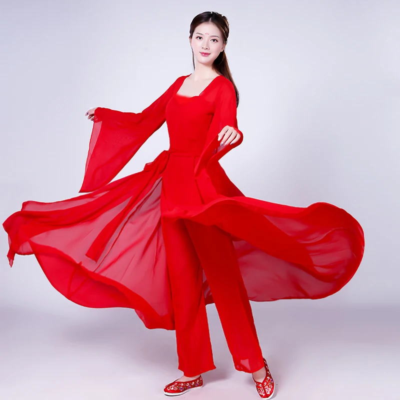 Китайский стиль Hanfu Классическая женские танцевальные костюмы летние элегантные однотонные цвет современный рукав для танцев сцены
