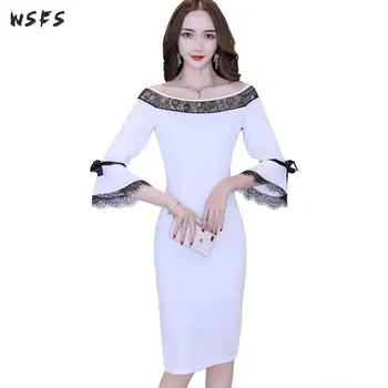 

Autumn Women Lace Dress White Half Flare Sleeve Slash Neck Office Lady Vintage Bandage Bodycon Sexy Party Midi Pencil Club Dress