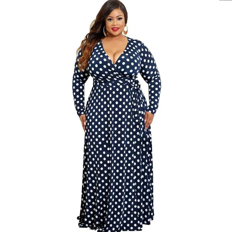 

Plus Size Dress Women Beach Bohemian Vestido Long Sleeve V Neck Floor Length Dress Polka Dot Print Long Maxi Dresses 5XL Belt