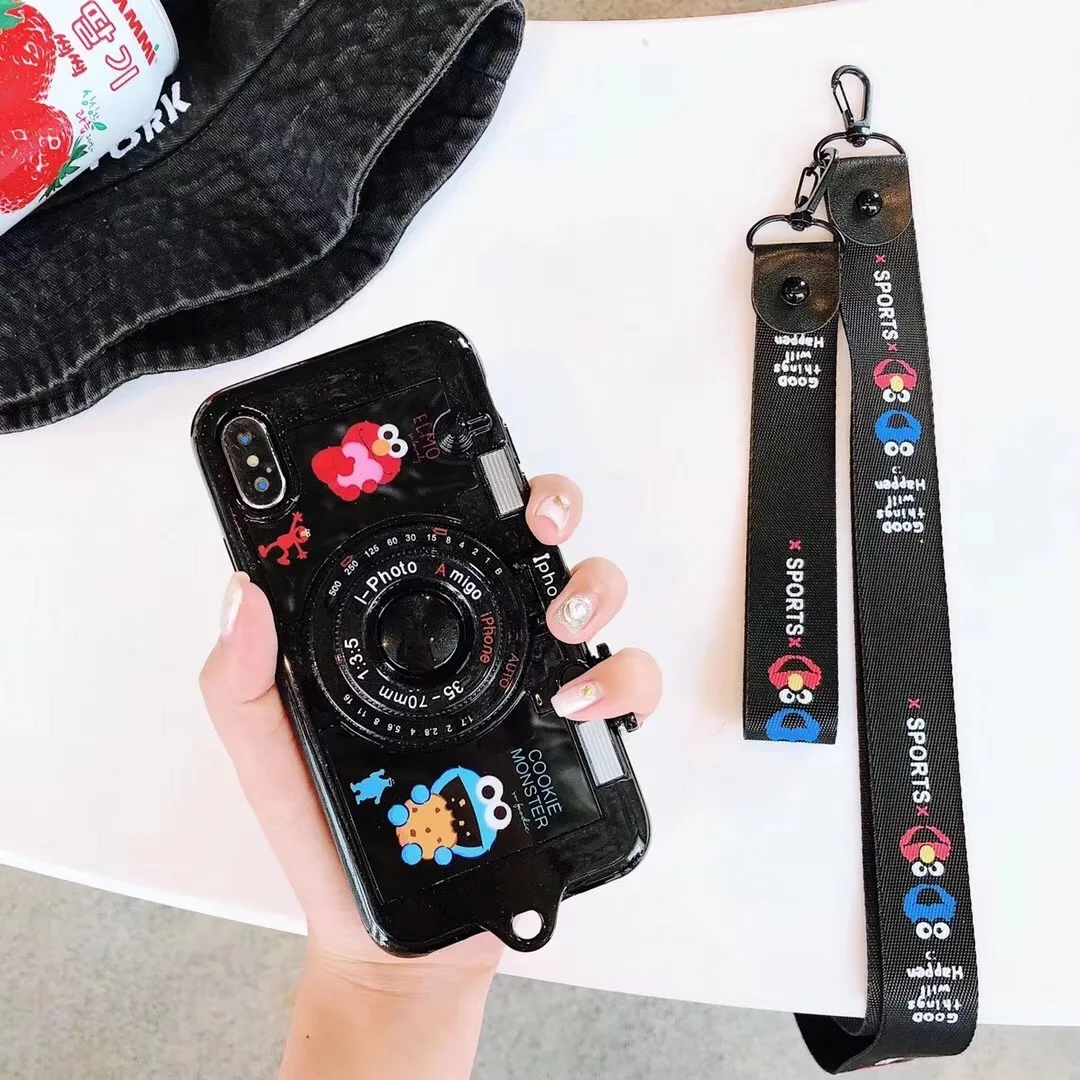 3D мультфильм Улица Сезам камера подставка для зеркала заднего вида чехол для iPhone 6 6s 7 8 Plus X XS MAX XR Многофункциональный Супер шнурки - Цвет: 4