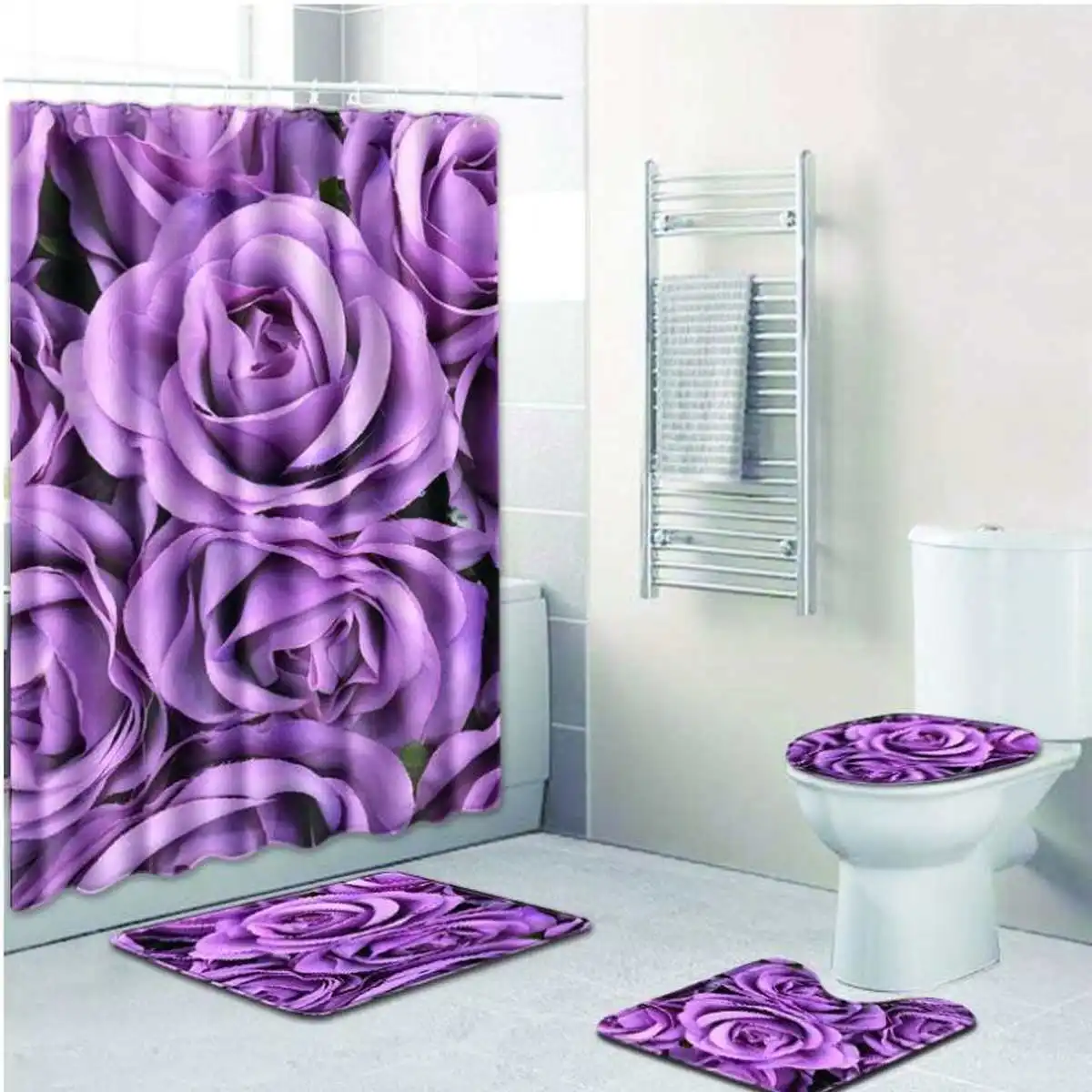 4 шт. полиэфирная занавеска для душа, занавеска для ванной комнаты, водонепроницаемый 3D Розовый пьедестал, ковер, крышка для унитаза, набор ковриков для ванной - Цвет: 1