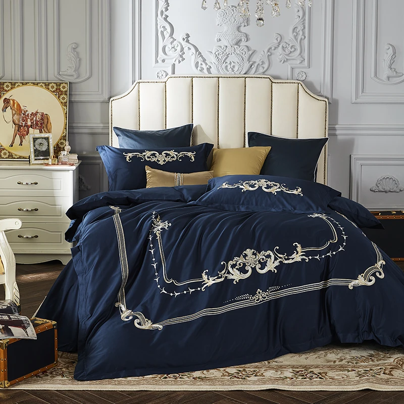 Роскошные вышивка из египетского хлопка постельное белье набор пододеяльников для пуховых одеял простыни наволочка King queen серый, синий
