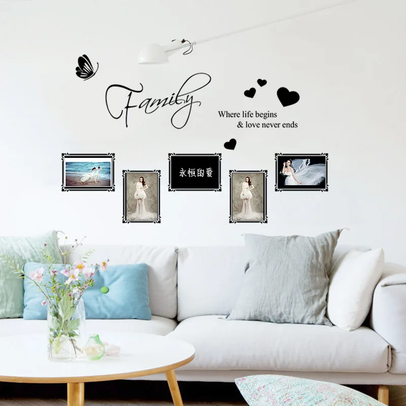 Семья бабочка сердце фото наклейки на стену в раме настенные наклейки гостиной спальни домашний декор комнаты наклейки, художественный постер - Цвет: Черный