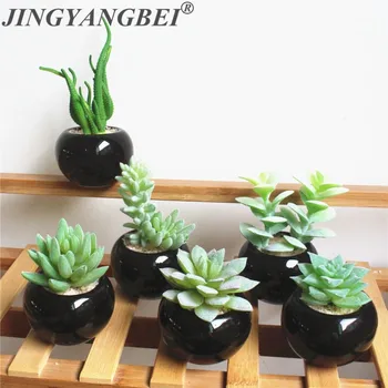 

2019 NEW BLACK ceramics Potted Artificial Green succulent plants Bonsai set fake Flower with vase Home Balcony Decoration