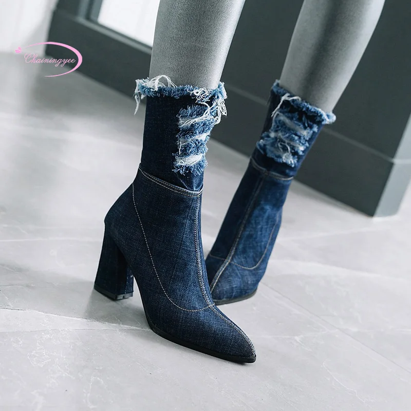

Knight style sexy pointed toe autumn mid-calf boots ripped denim zipper high heel chunky riding boots women's shoes
