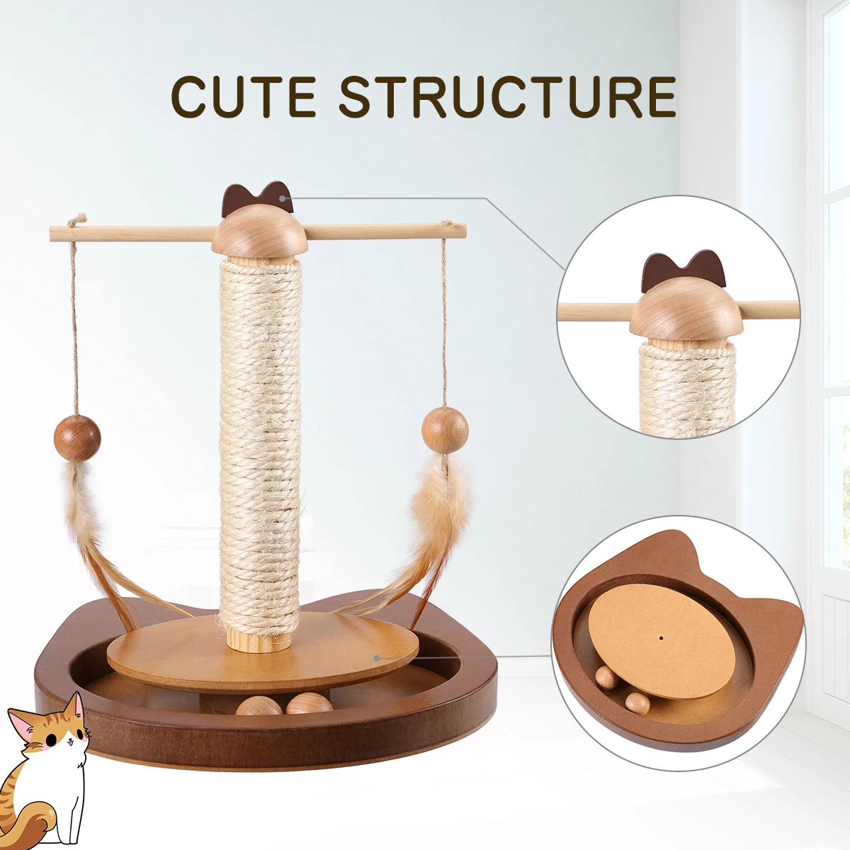 Multifunctional Teasing Toy For Cats Durable 360° Rotating Rod Cat Toys With Feather Wooden Balls Scratching Sisal Post