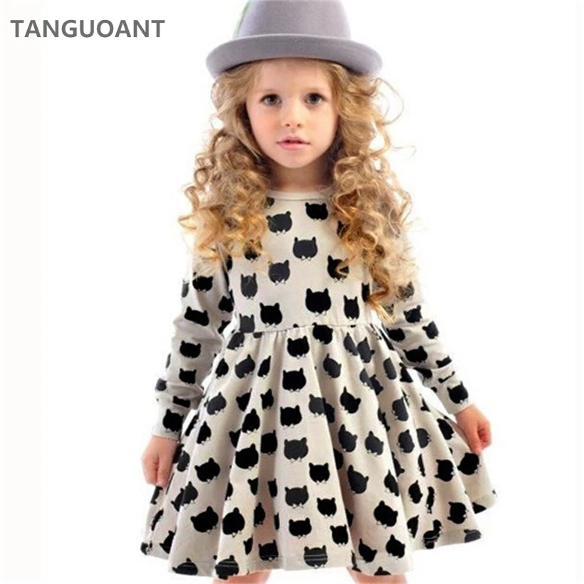 TANGUOANT Girl dress cotton long sleeve black stamp elastic pleated Zou comfortable dress stitching girl dress Cartoon cat dress