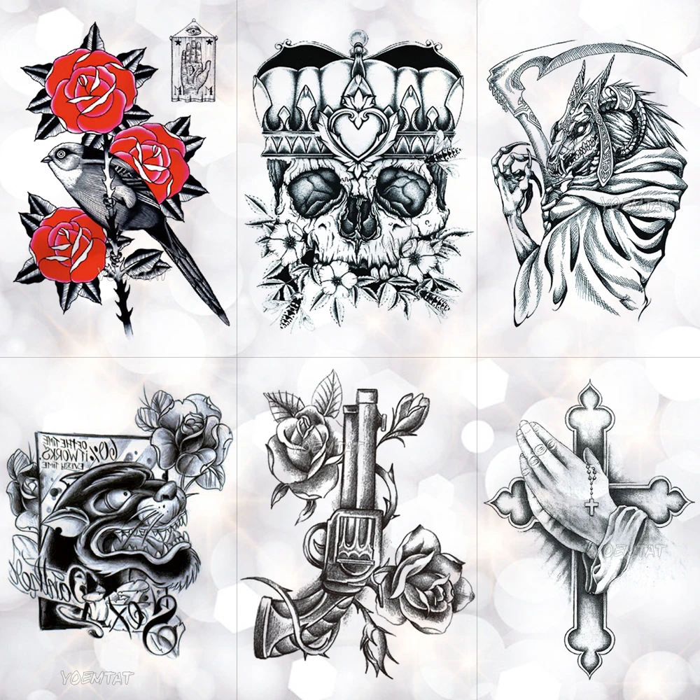 Crown Skull Scythe Death Waterproof Temporary Tattoo Sticker Sketch Praying Cross Flash Tattoos Body Art Arm Fake Tatoo Temporary Tattoos Aliexpress