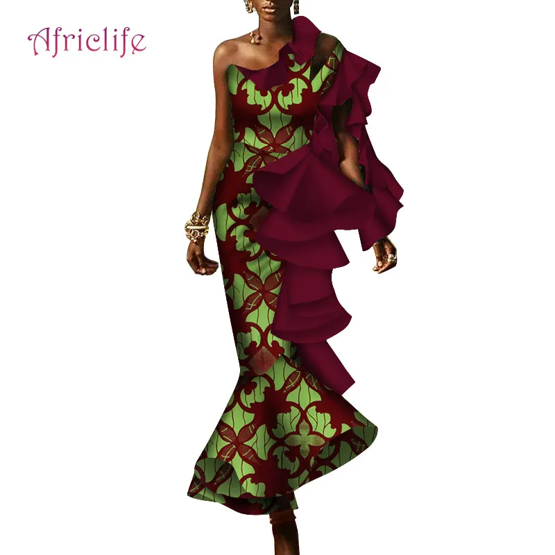 Африканские Многослойные оборки платья для женщин принт Сращивание с открытыми плечами Русалка платья африканская Дашики одежда WY4188 - Цвет: 2