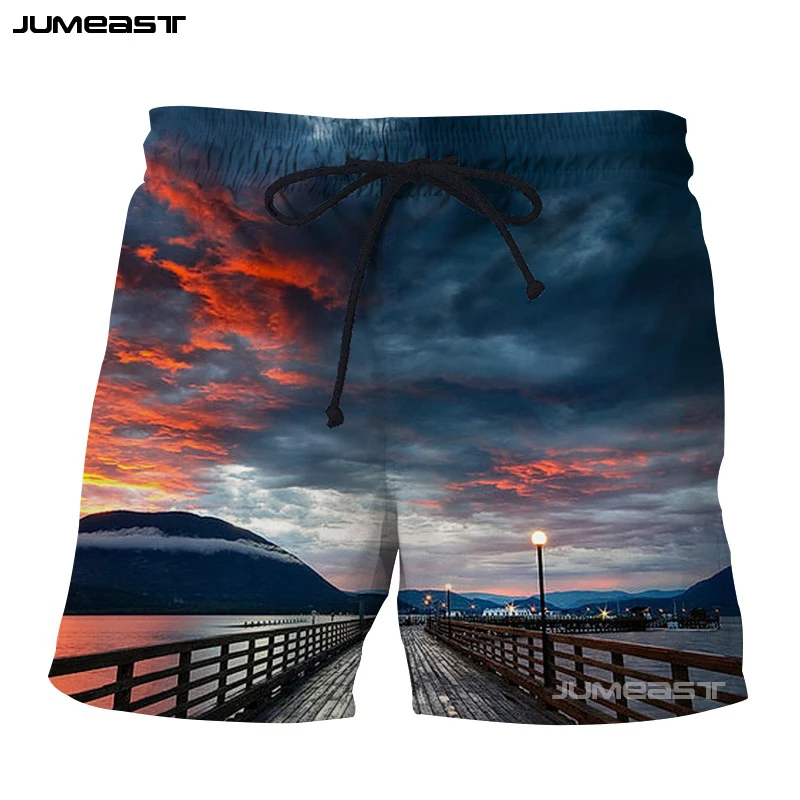 Jumeast красивые пейзажи 3D Короткие штаны с принтом горы реки огонь облако Восход повседневное мужские спортивные шорты новинка пляжные шорты