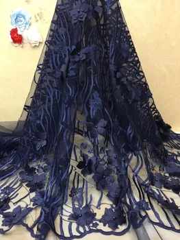 

2019 french lace embroidered tulle lace with beaded navy blue nigerian Guipure lace fabrics for wedding dress x4