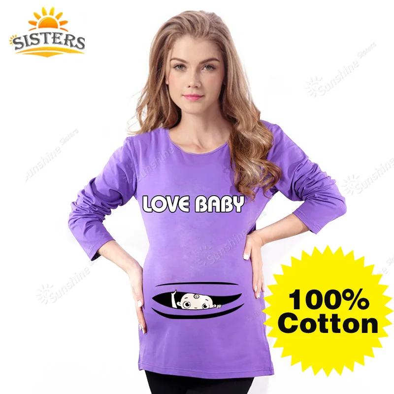 

100% Cotton Tees maternity tops pregnancy shirts with baby peeking out peek-a-boo maternity t-shirt baby peeking 2016Long Sleeve
