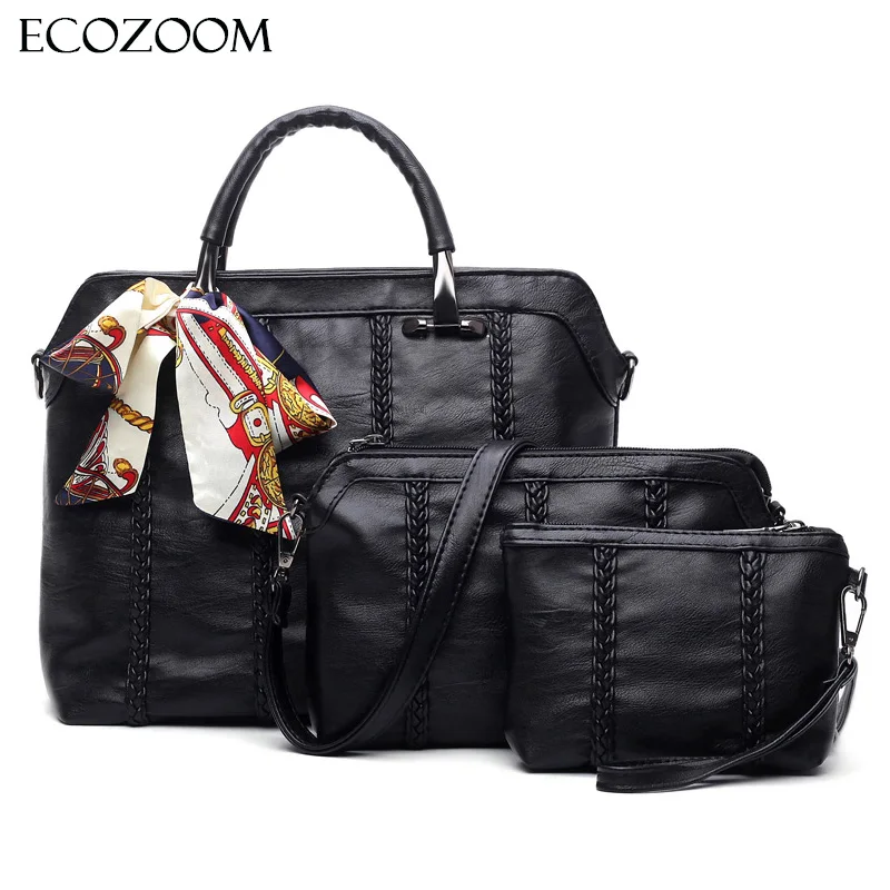 3Pcs font b Set b font Vintage Women Ribbon Composite Bag Female Office font b Handbag