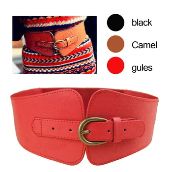 

Metal Waistband Retro Totem Imitation Leather Pin Buckle Wide Belt Women Elastic Waist Belt Candy Color Cummerbund