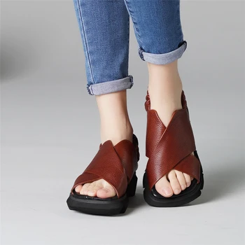 

Women Leather Sandals 5 CM Low Heels Wedge Shoes Ladies Summer Casual Genuine Leather Handmade Women Sandals Slip On Brand Shoes