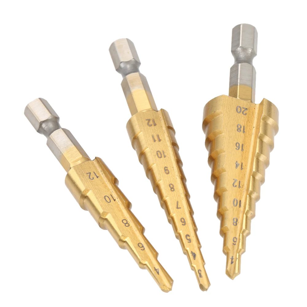 

1pc Drill Bit HSS Titanium Coated Straight Flute Step Drill Bits Essential Hardware Tool Hex Shank Pagoda3-12/4-12/4-20mm