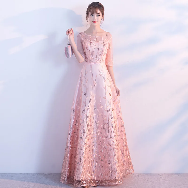 

Vintage O-Neck Women Cheongsam Elegant Pink Flower Half Sleeve Qipao Traditional Bride Wedding Dress Vestidos Casual Party Gown