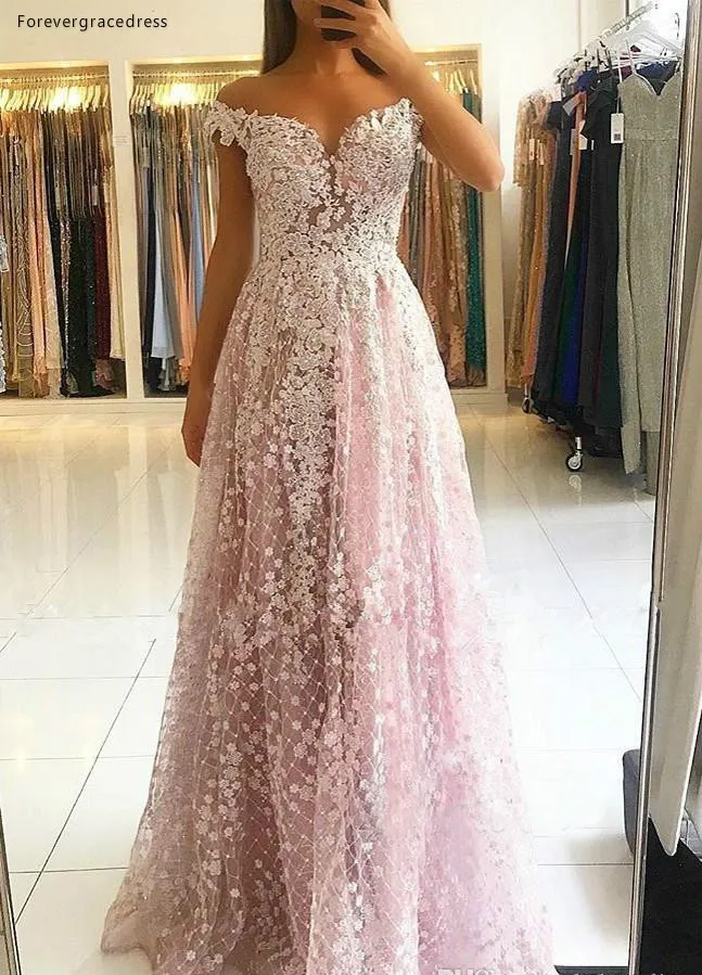 White Lace Pink Plus Size Evening Dresses Elegant Off Shoulder Floor Length Prom Dress Mother of Bride Dress with Sequins Appliques  169 (1)