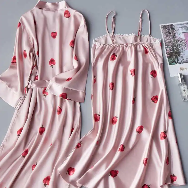 2PCS Set Sexy Night Dress For Women Deep Sleepwear Lingerie Silk Nightgown Sleeveless Nightdress Nightwear Summer Homewear