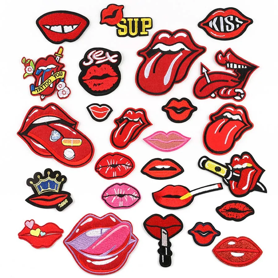 

Punk Mouth lips Iron Sew on Sequins Patches for Clothing Skull Attached Breach Embroidery Applique DIY Dress Shirt Accessory
