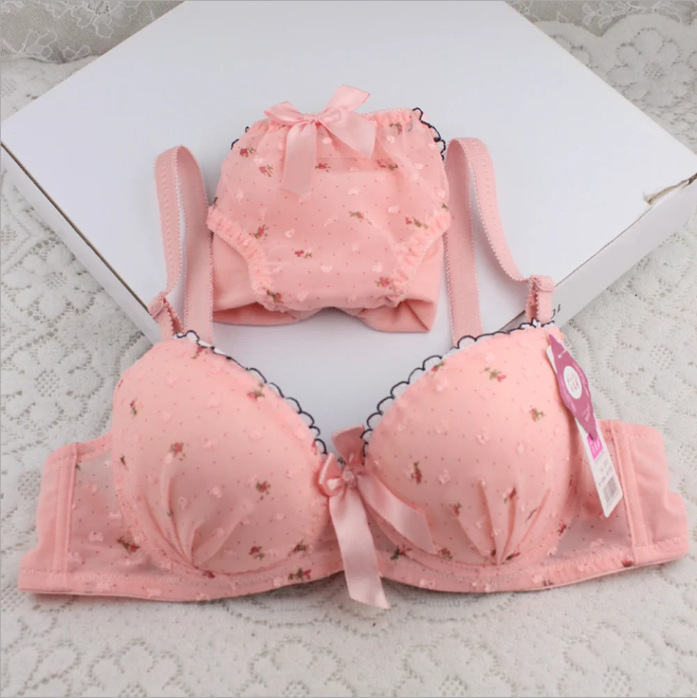 

Print Bra Set Push Up Adjustable Bra Mesh Patchwork Panties Floral Bowknot Underwear Women 3/4 Cup Girls Sexy Lingerie Set